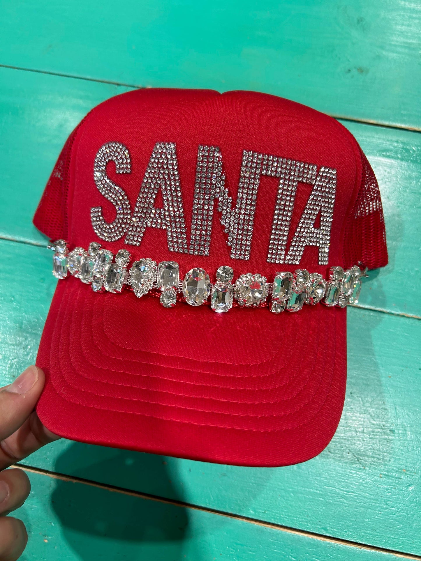 Rhinestone SANTA Trucker Christmas Hat- Neon Pink Foam