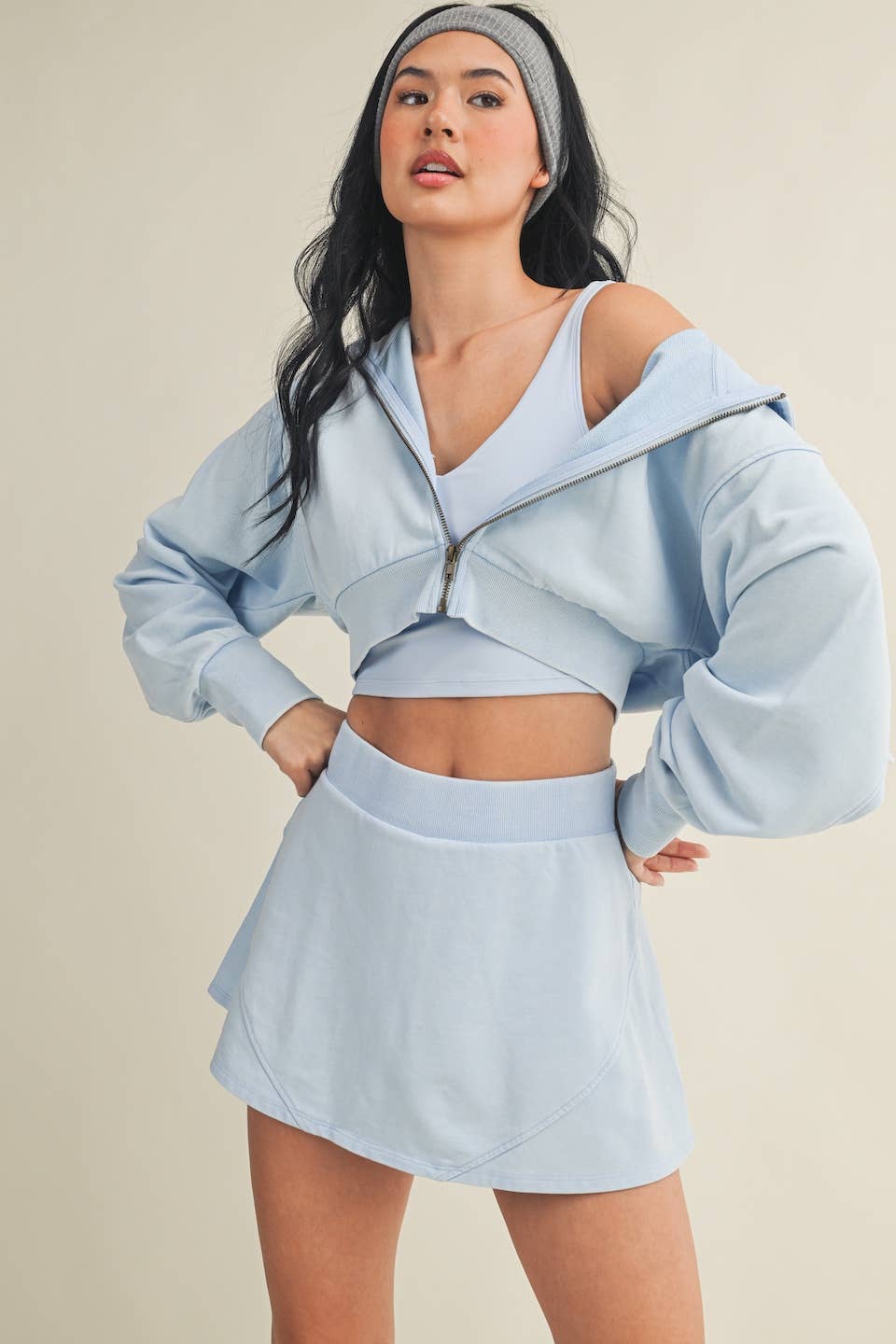 Mineral Wash Oversized Crop Hoodie- Blue