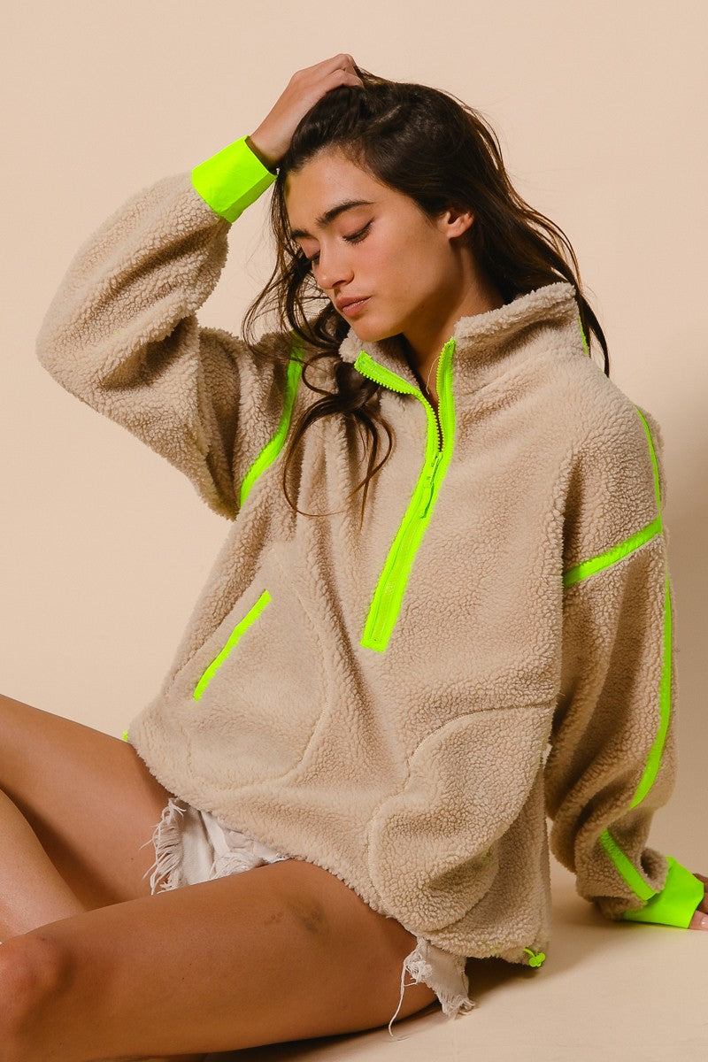 Livvy Sherpa Pullover- Oatmeal Lime