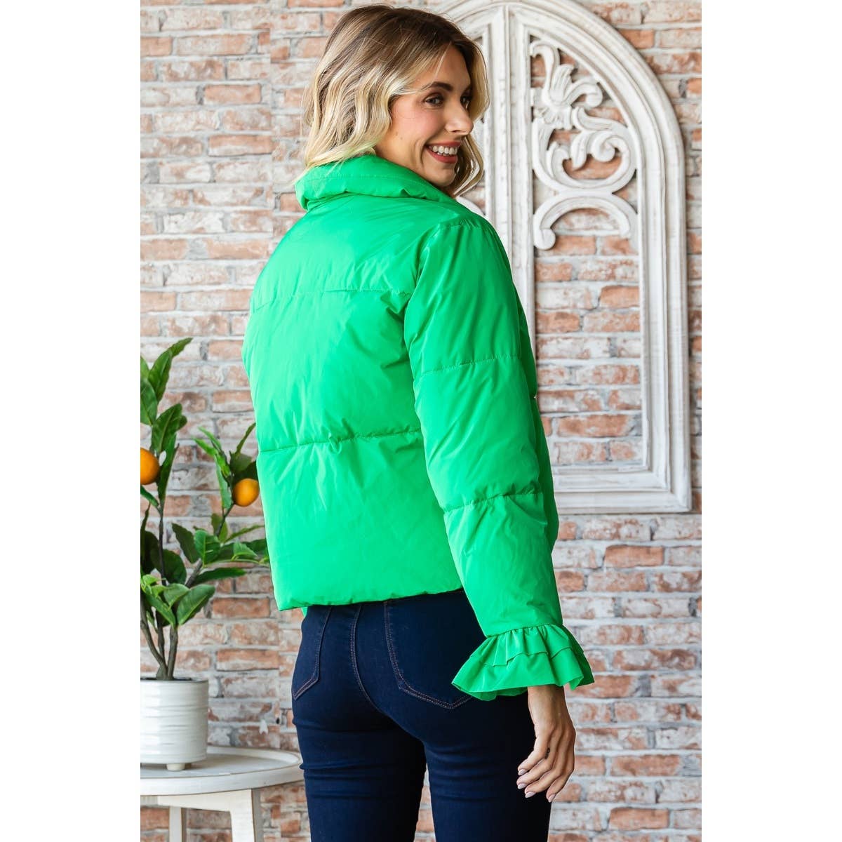 Carrie Ruffle Puffer Jacket- Apple Green