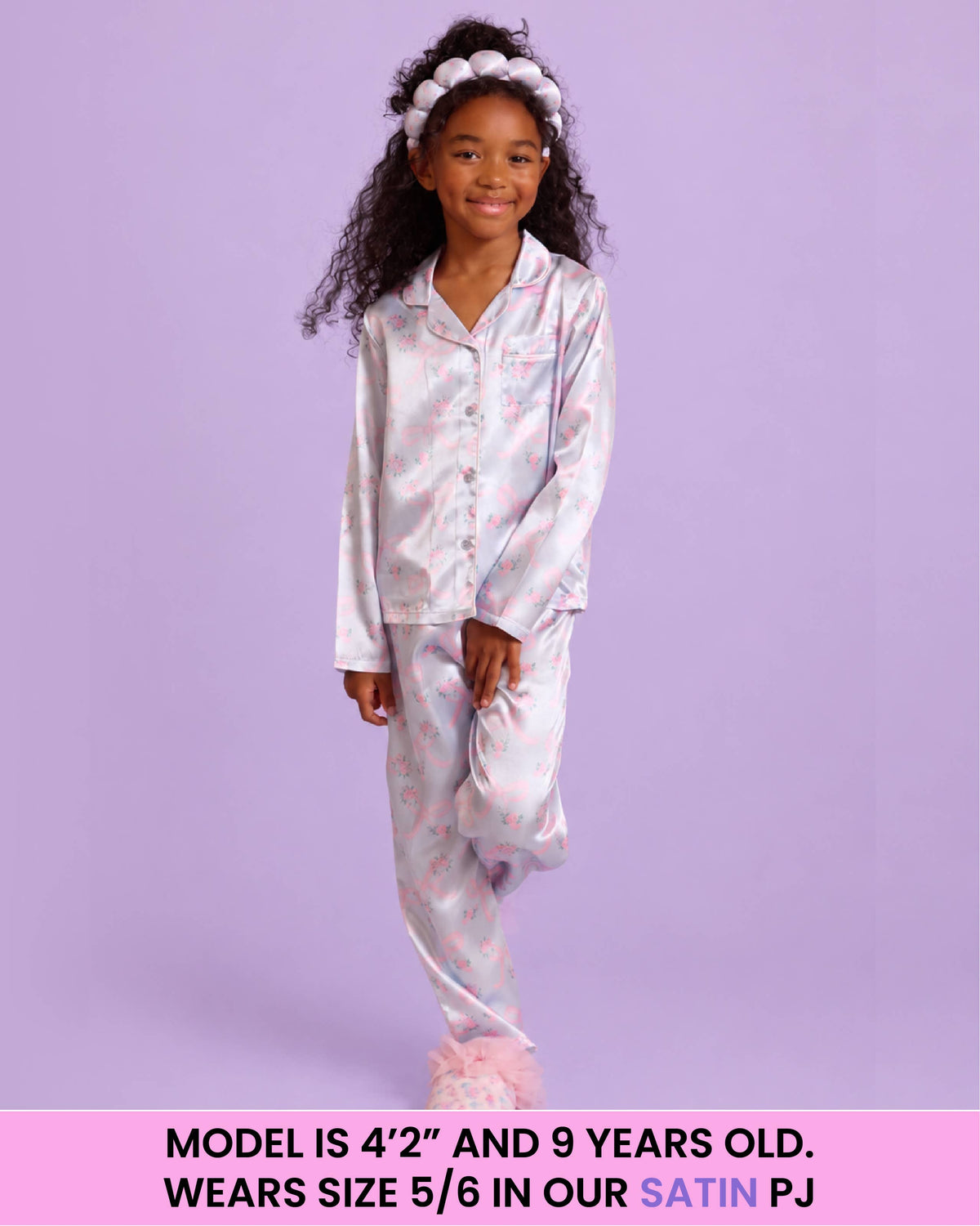 Girls- Floral Print Satin Pajama Set with Headband