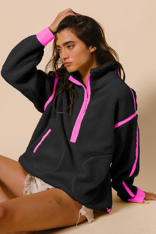 Livvy Sherpa Pullover- Black Neon Pink