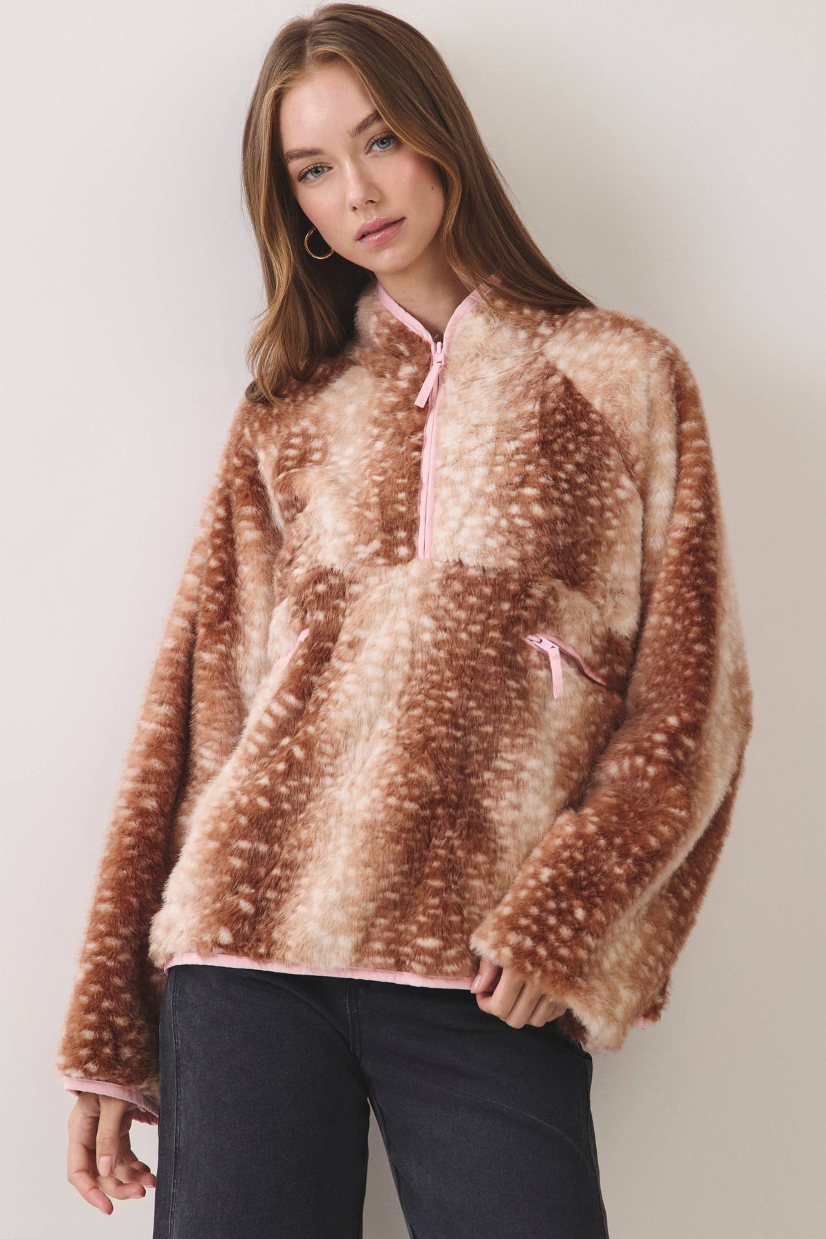 Deer Print Faux Fur Half-Zip Jacket