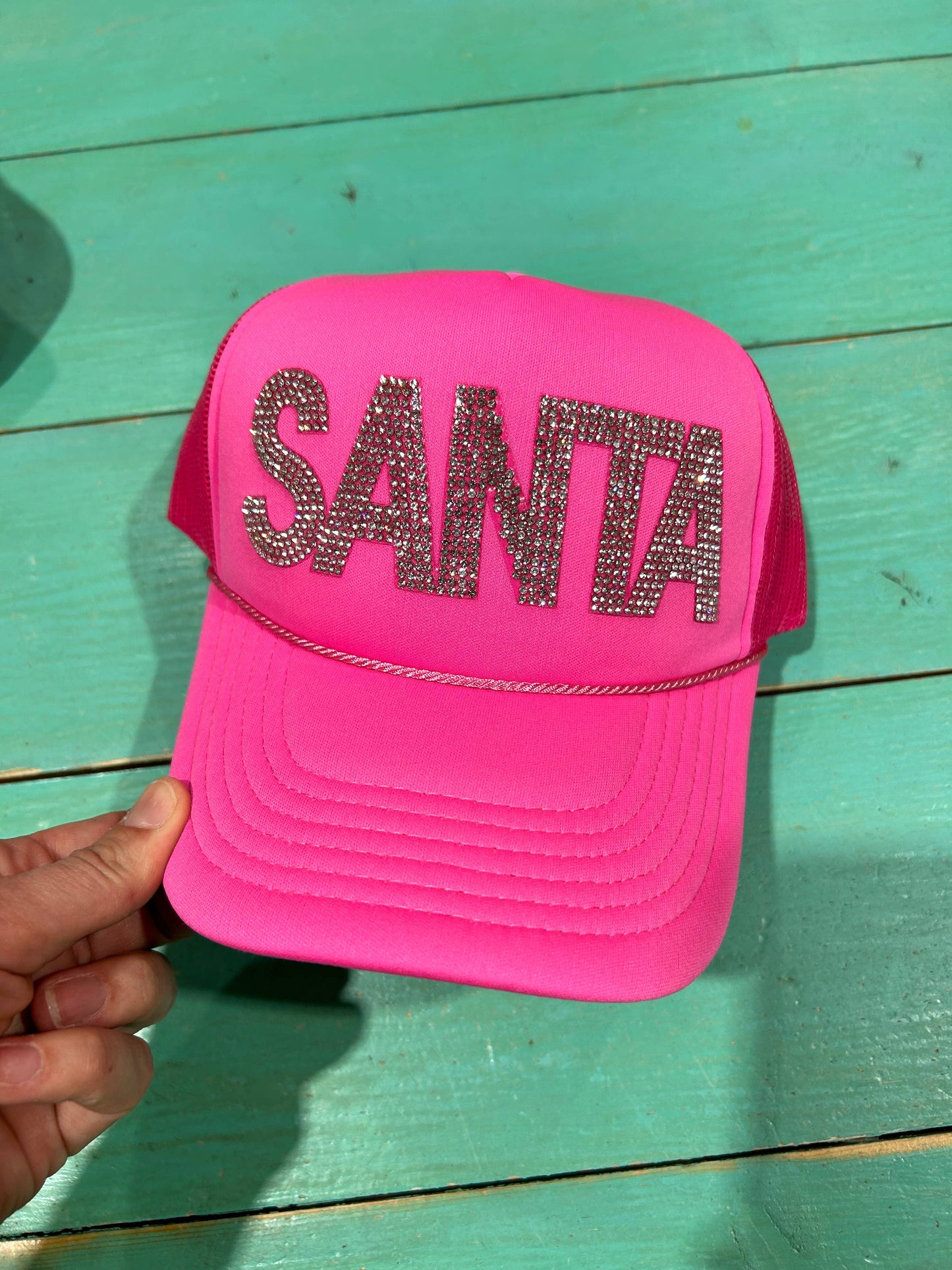 Rhinestone SANTA Trucker Christmas Hat- Neon Pink Foam