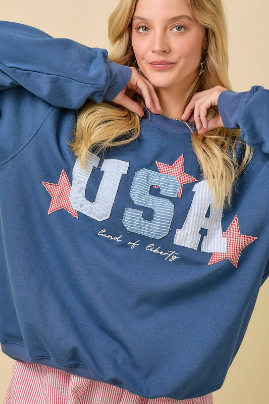 USA Patchwork Oversized Crewneck Lightweight Sweatshirt