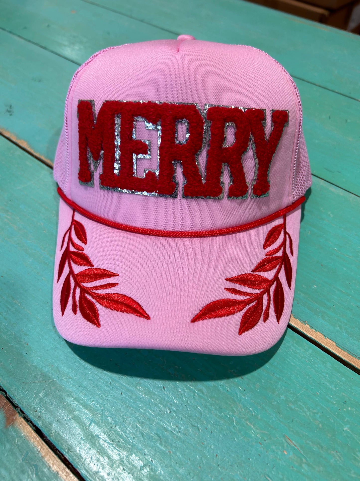 Chenille MERRY Captain Hat | Christmas Trucker | Santa Cap: Pink Captain Hat with rhinestone chain