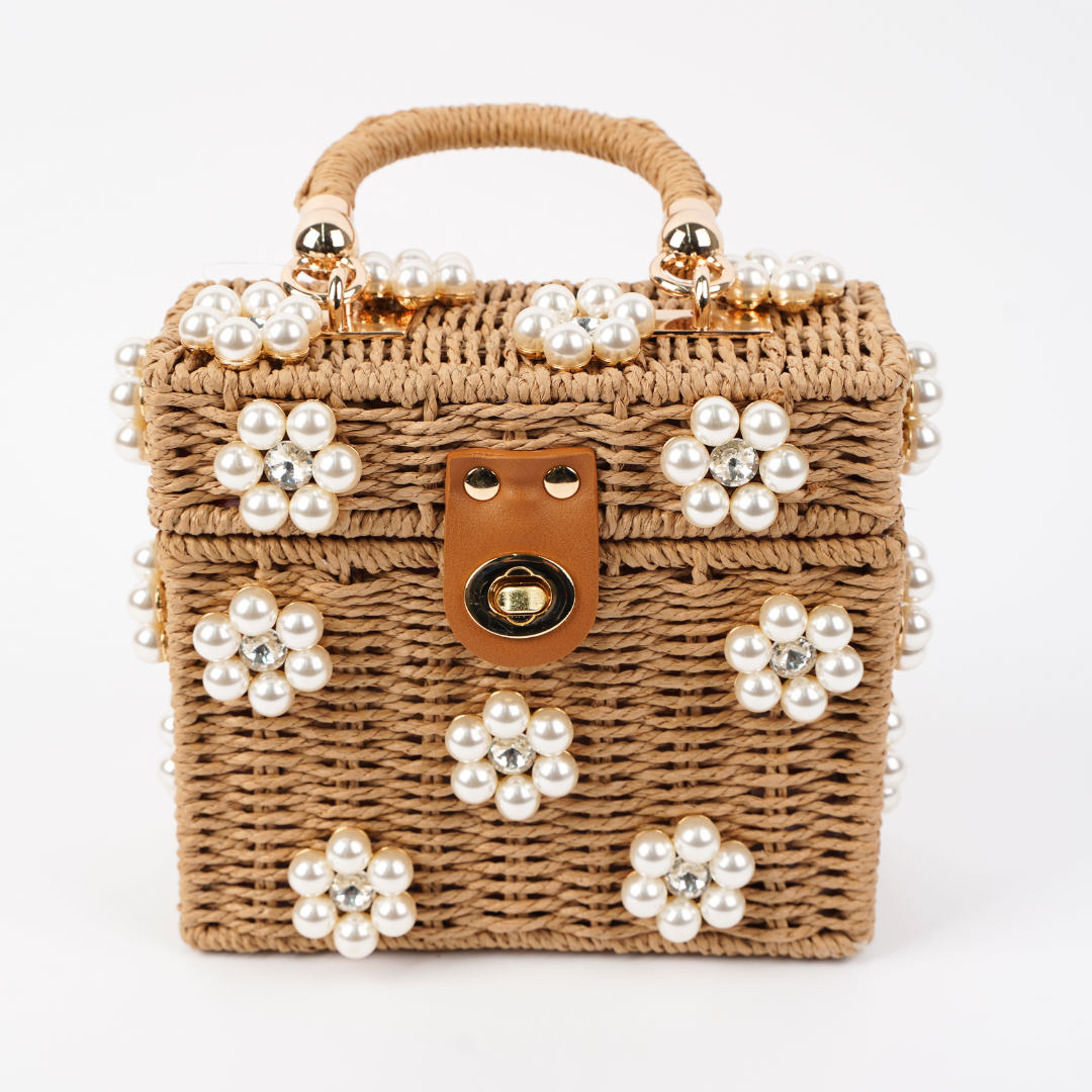 Wicker Bucket Daisy Flower Purse: Tan/Brown + White Daisy / Large