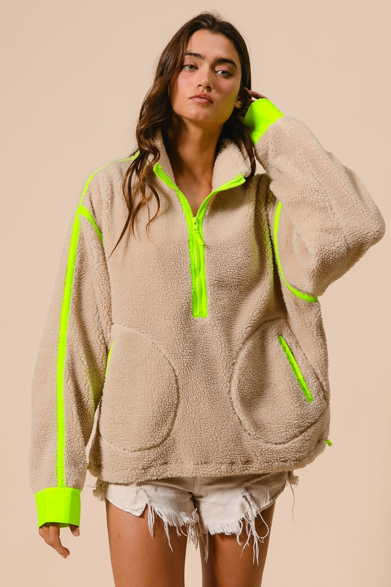 Livvy Sherpa Pullover- Oatmeal Lime