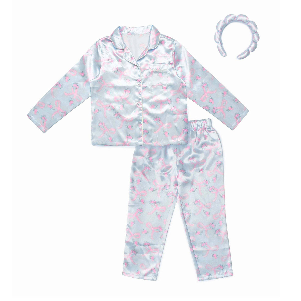 Girls- Floral Print Satin Pajama Set with Headband