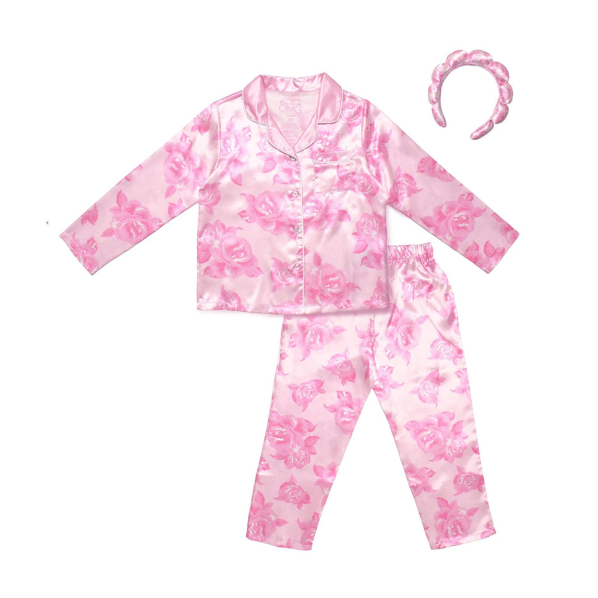 Girls- Rose Print Satin Pajama Set with Headband