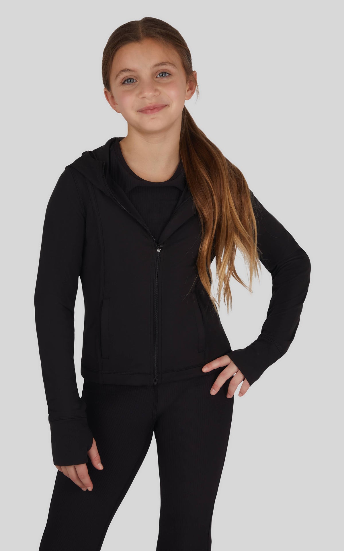 Girls Everyday Full Zip Active Jacket with Hood- Black