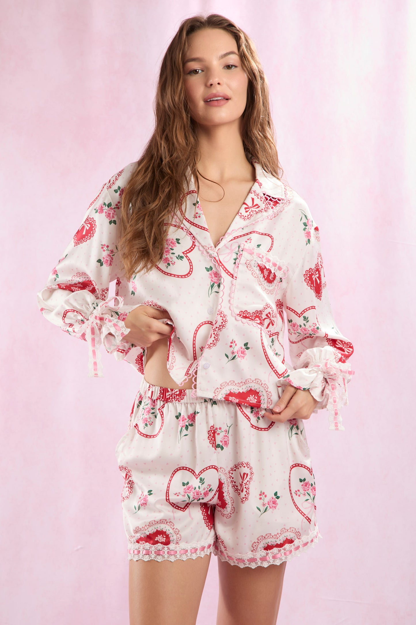 Valentines Heart Lace Satin Pajamas