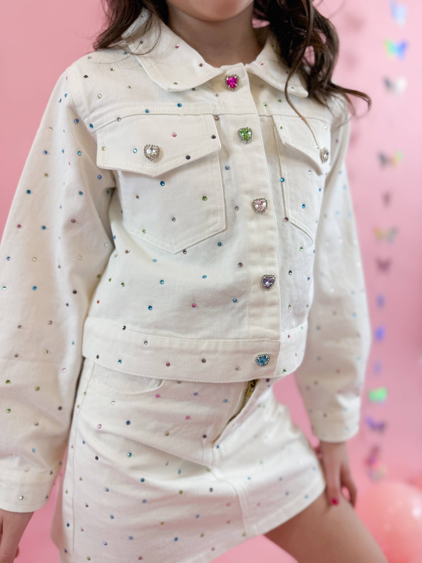 Girls White Denim Gem Set