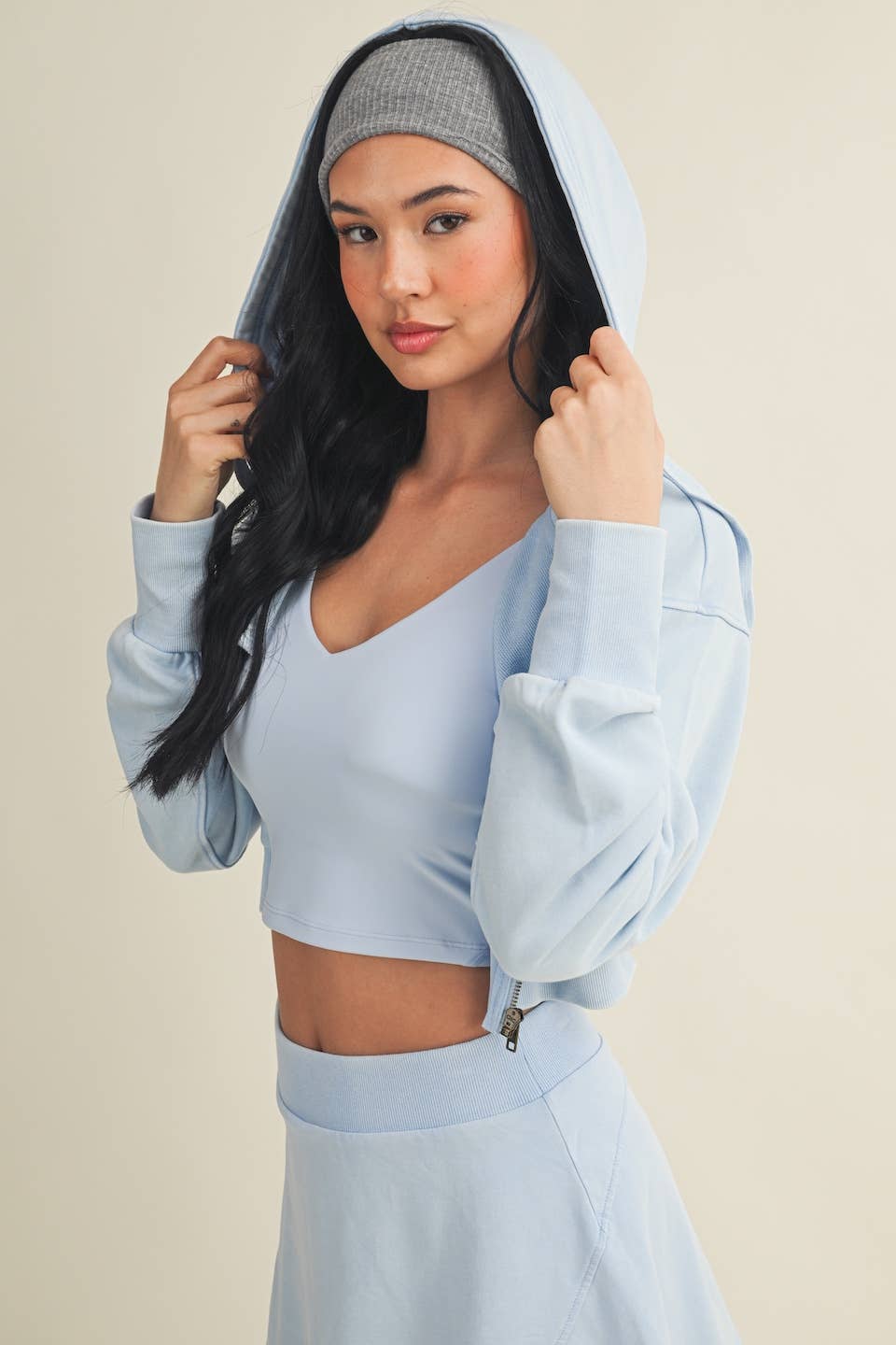 Mineral Wash Oversized Crop Hoodie- Blue
