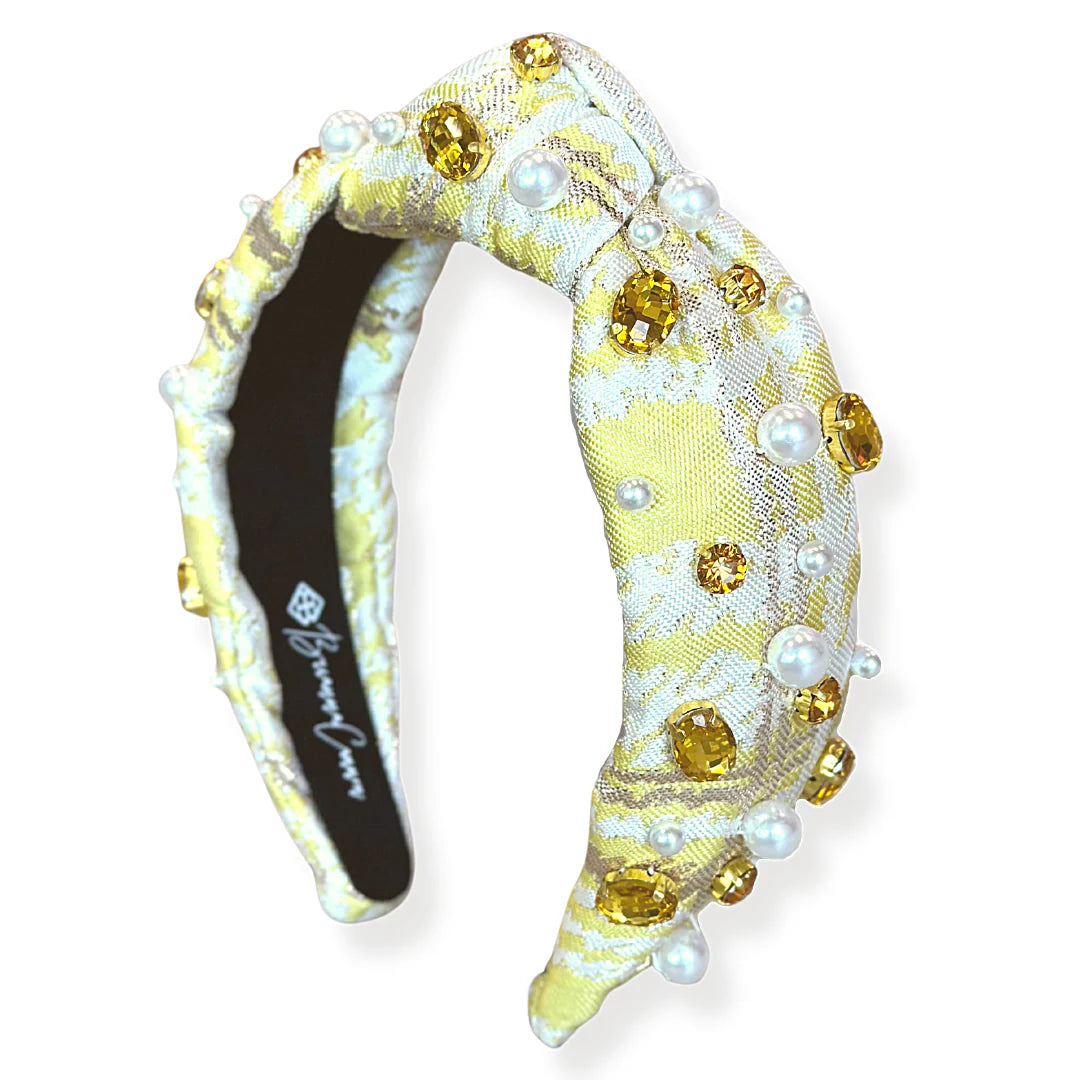 BC- Yellow Jacquard Metallic Headband Crystals Pearls