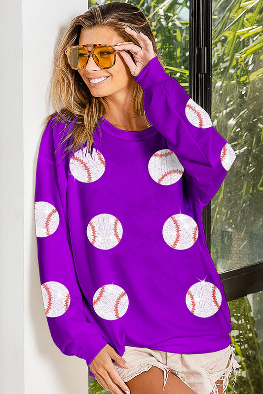Sequin Baseball Pullover- Purple