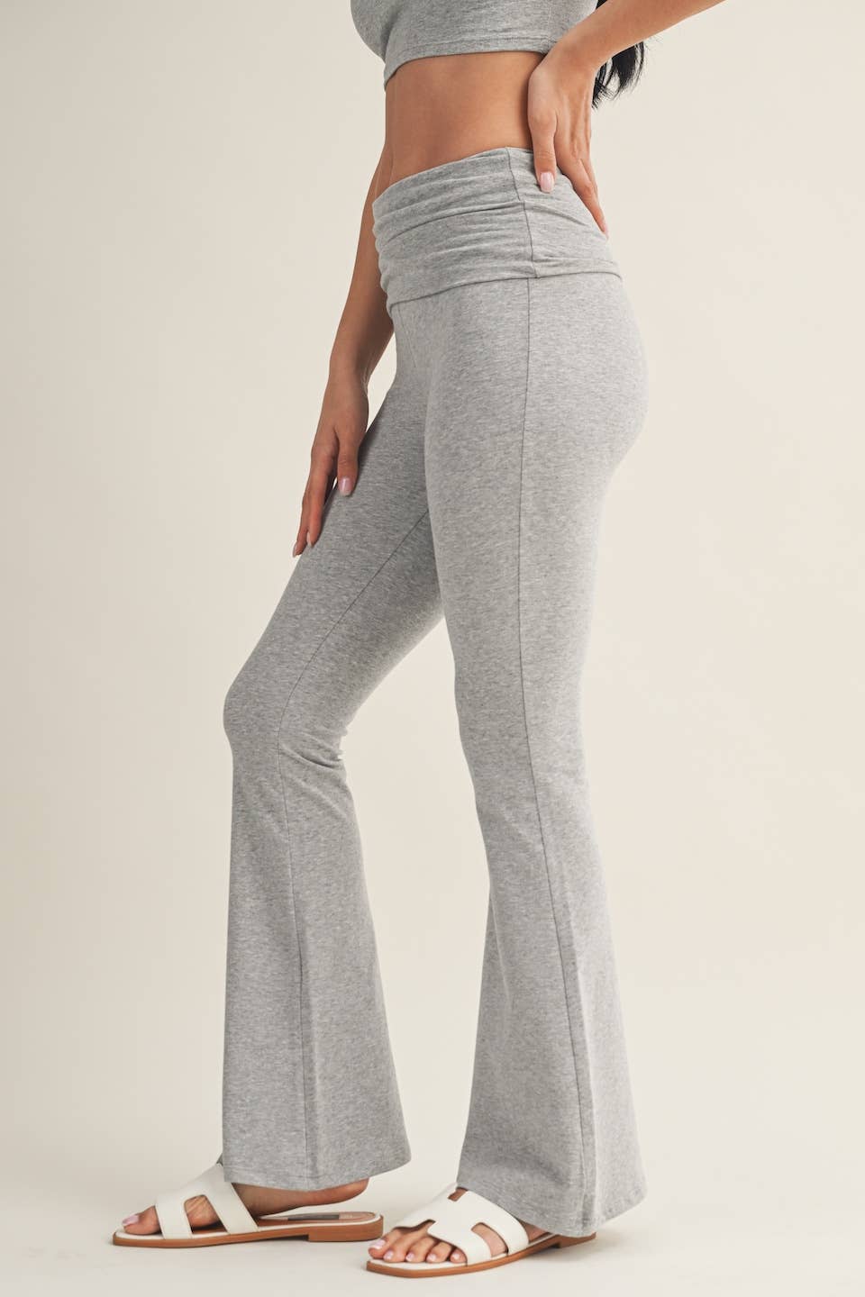 Soft Knit Foldover Flare Pants: Heather Grey