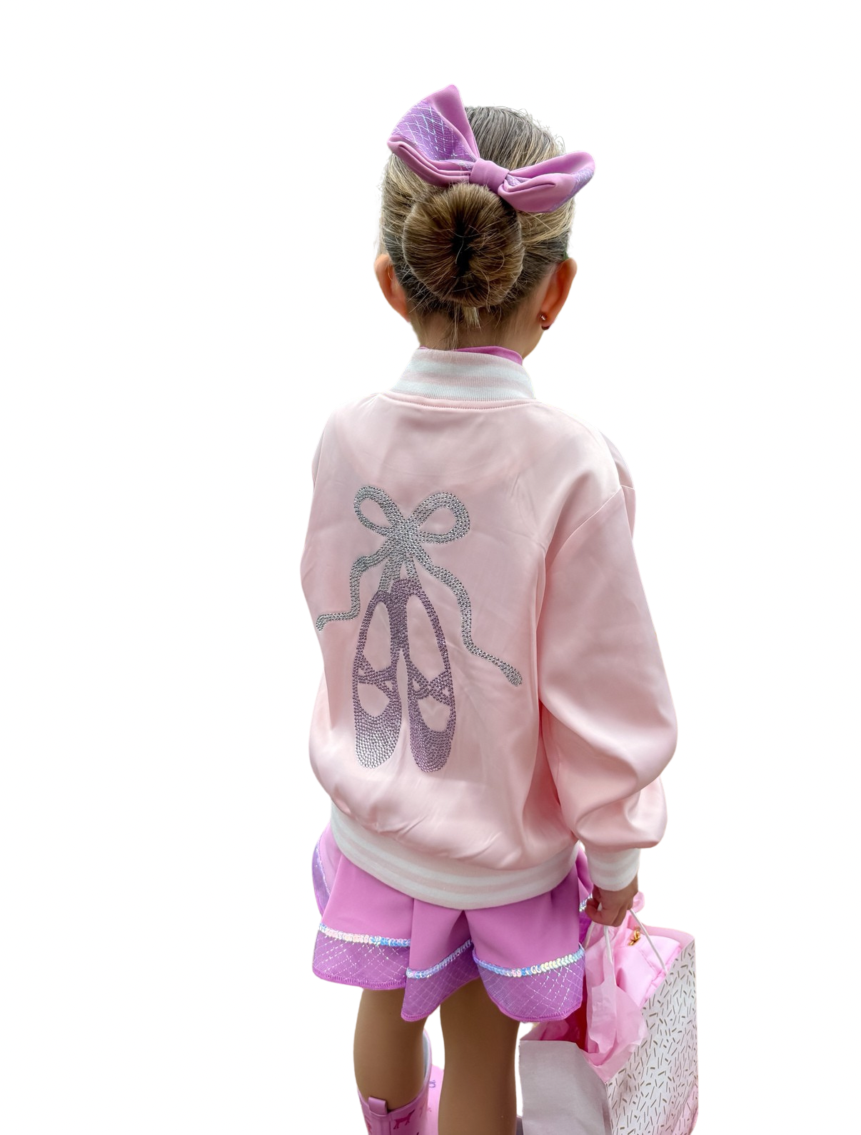 Girls Rhinestone Ballet Satin Bomber Jacket
