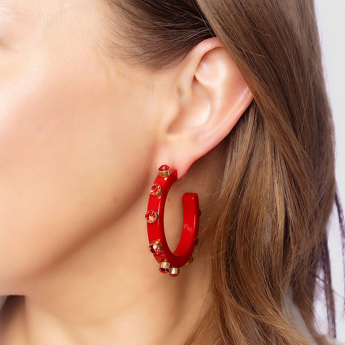 Renee Rhinestone Hoop Earrings- Red