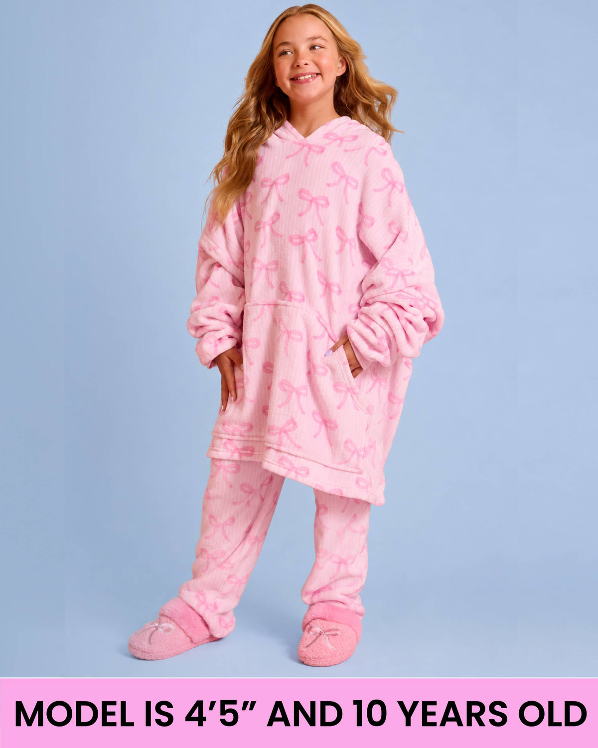 Girls- Fleece Striped Bow Printed Blanket Hoodie