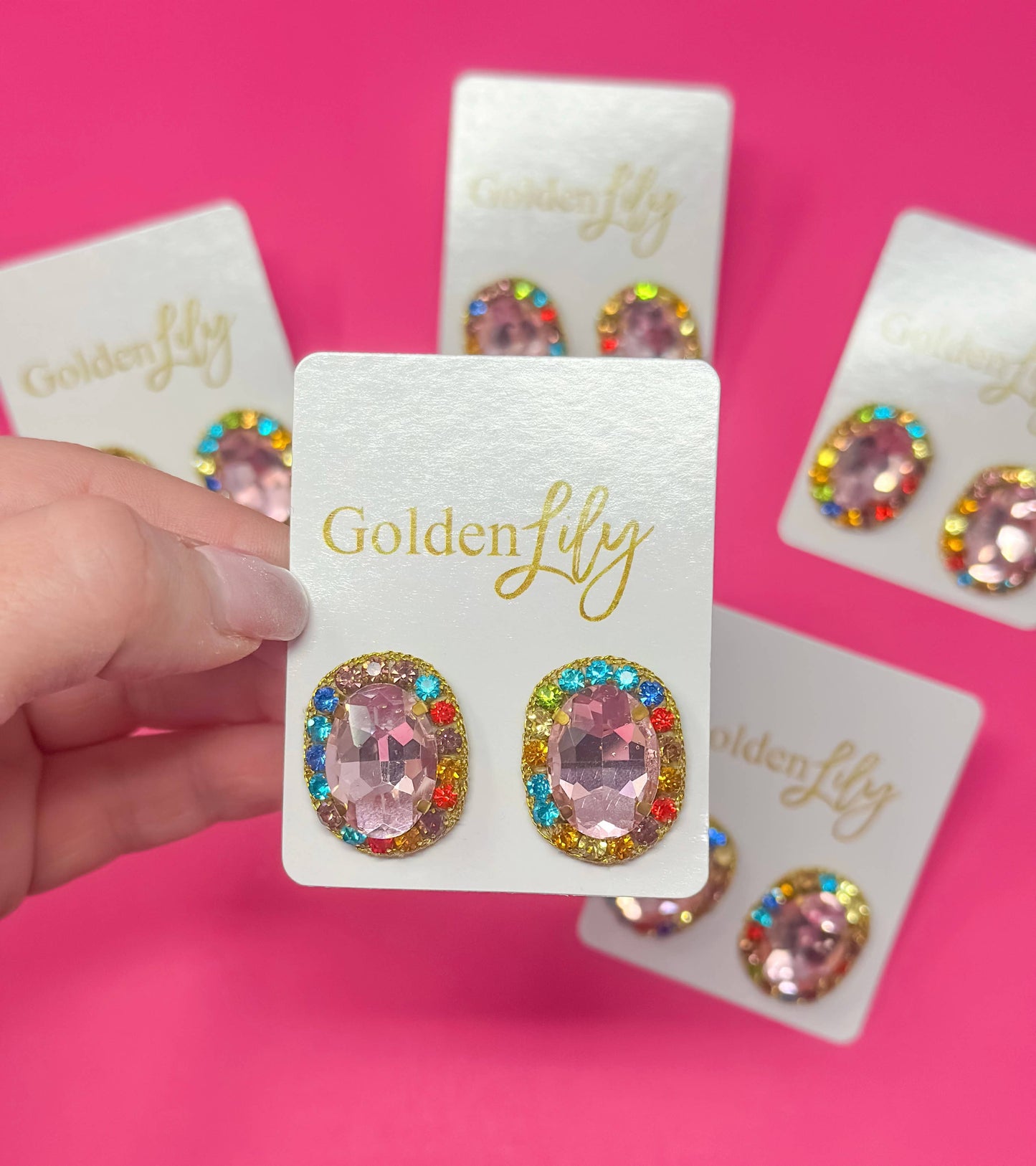 Statement Stud Earrings - Pink Oval with Rhinestones