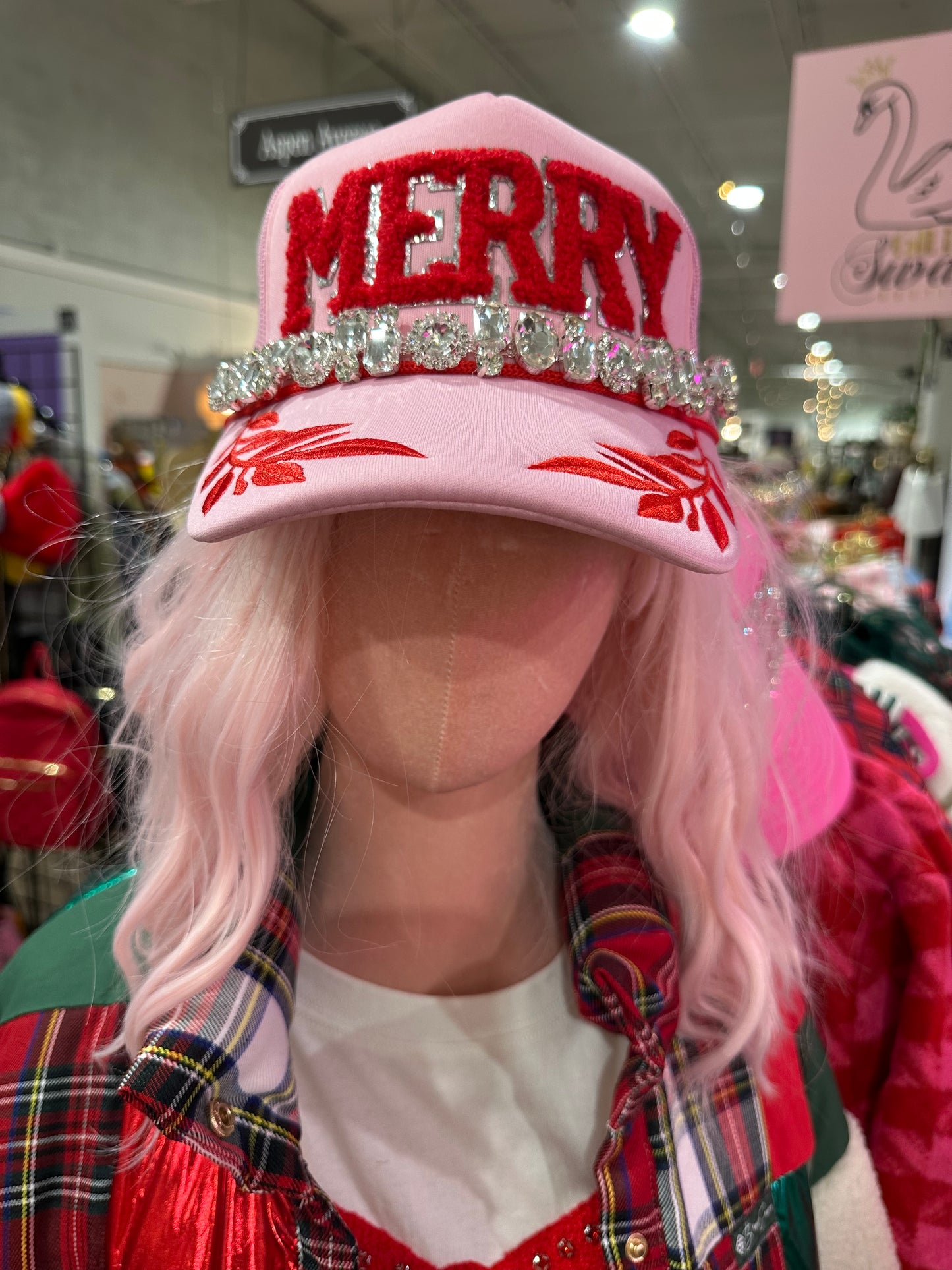 Chenille MERRY Captain Hat | Christmas Trucker | Santa Cap: Pink Captain Hat with rhinestone chain
