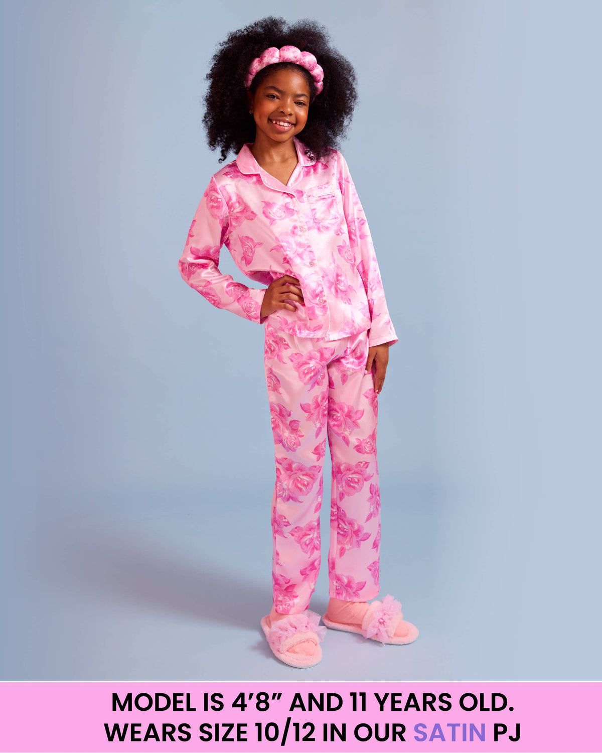 Girls- Rose Print Satin Pajama Set with Headband