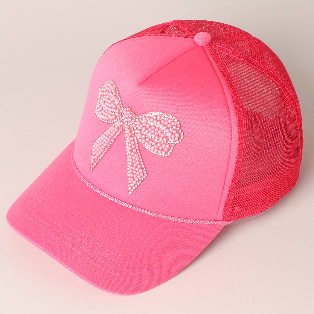 Rhinestone Bow Patch Trucker Hat: Blue