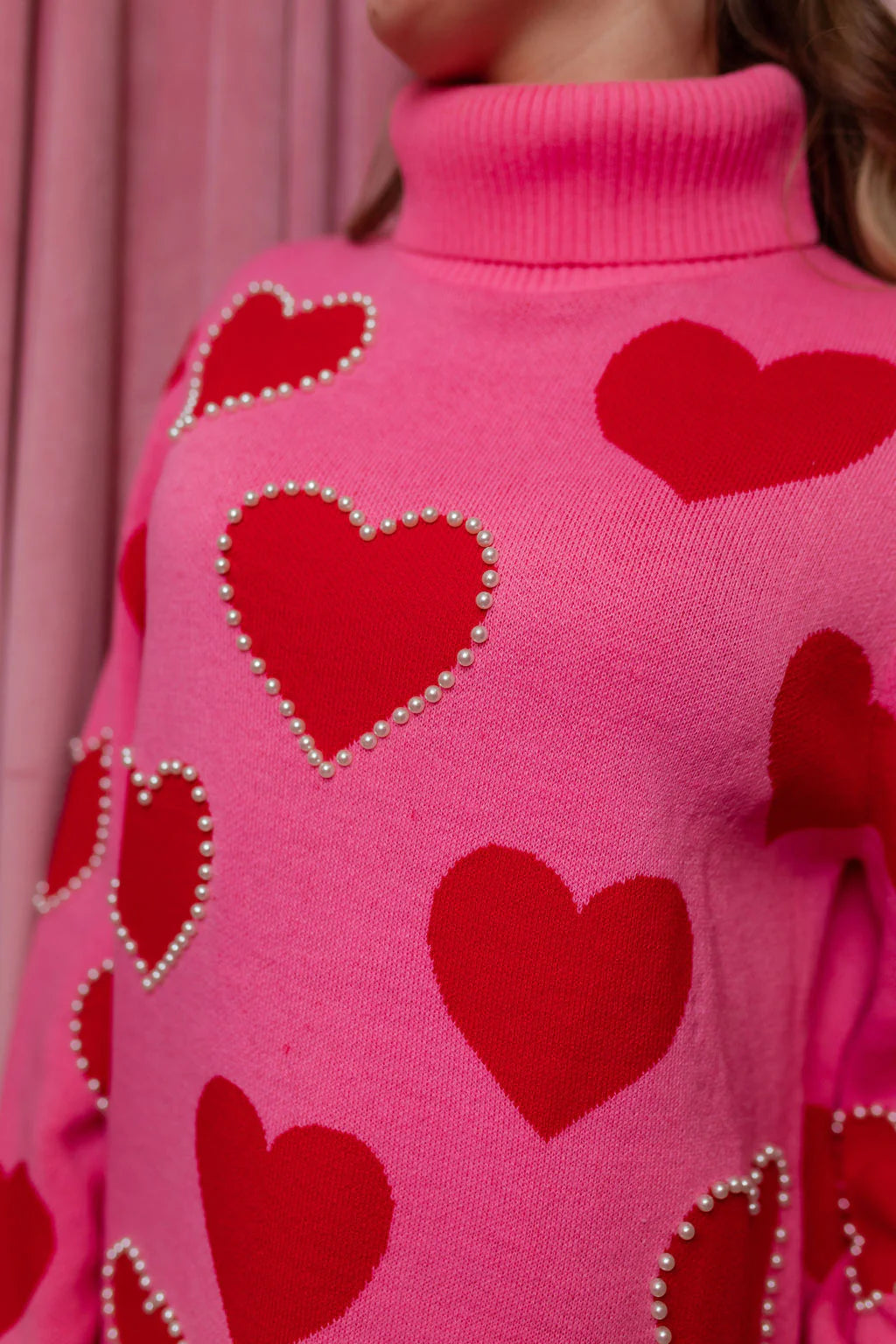 BC- Pink Sweater Tunic with Red Hearts and Pearls