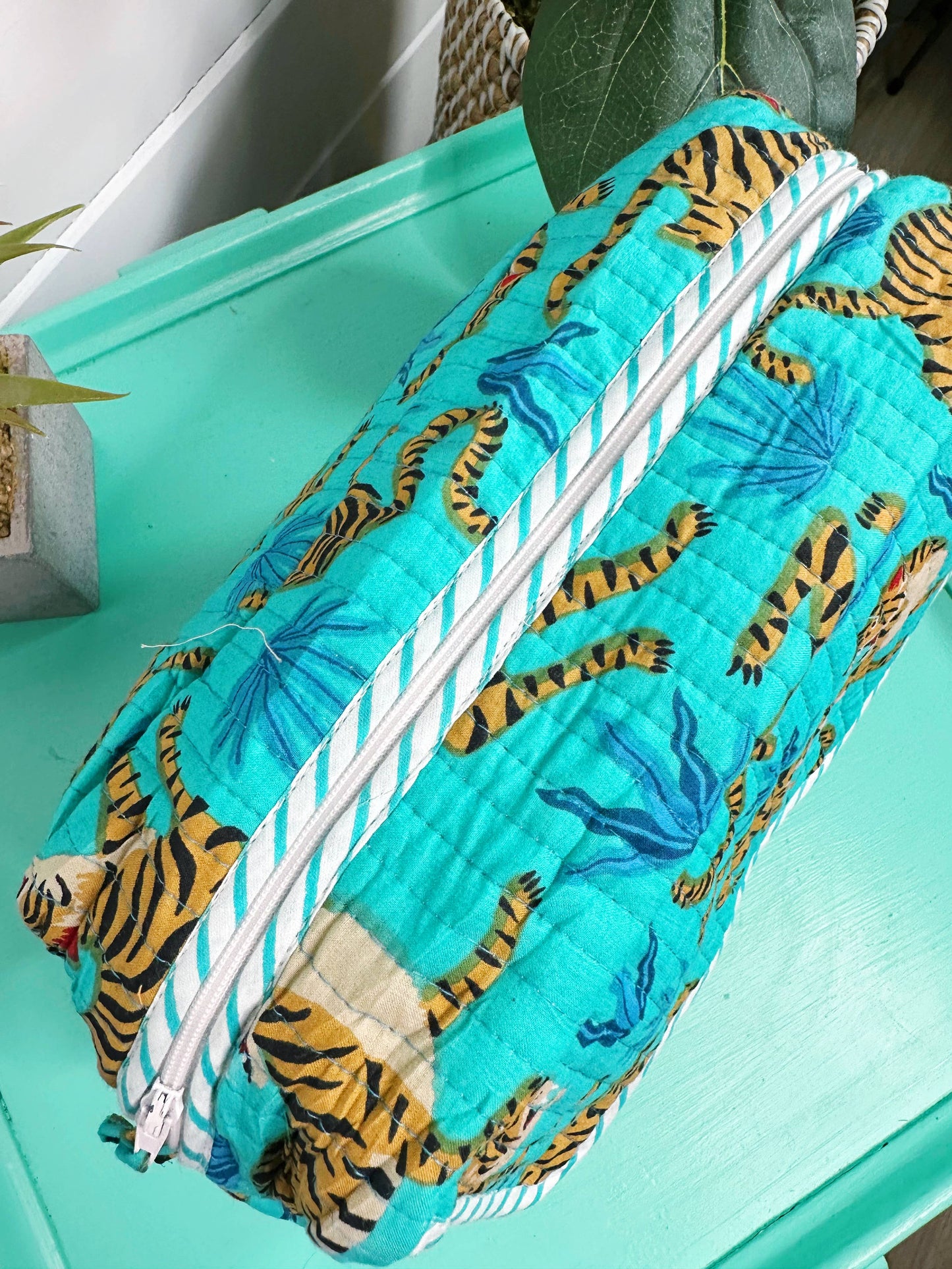 Ruffled Toiletry Bag- Aqua Tigers