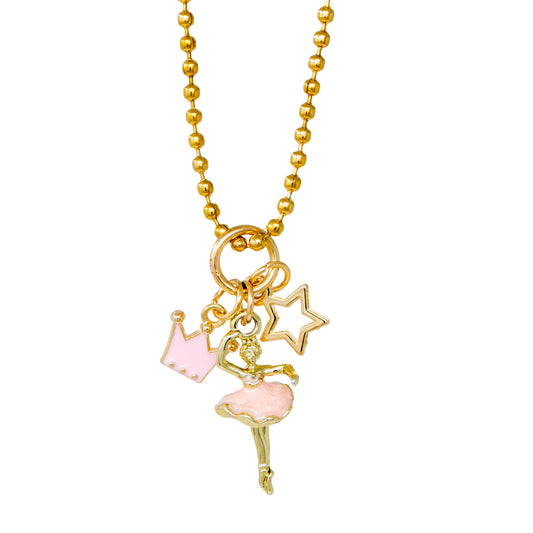 Girls Ballerina, Crown & Star Gold Charm Necklace