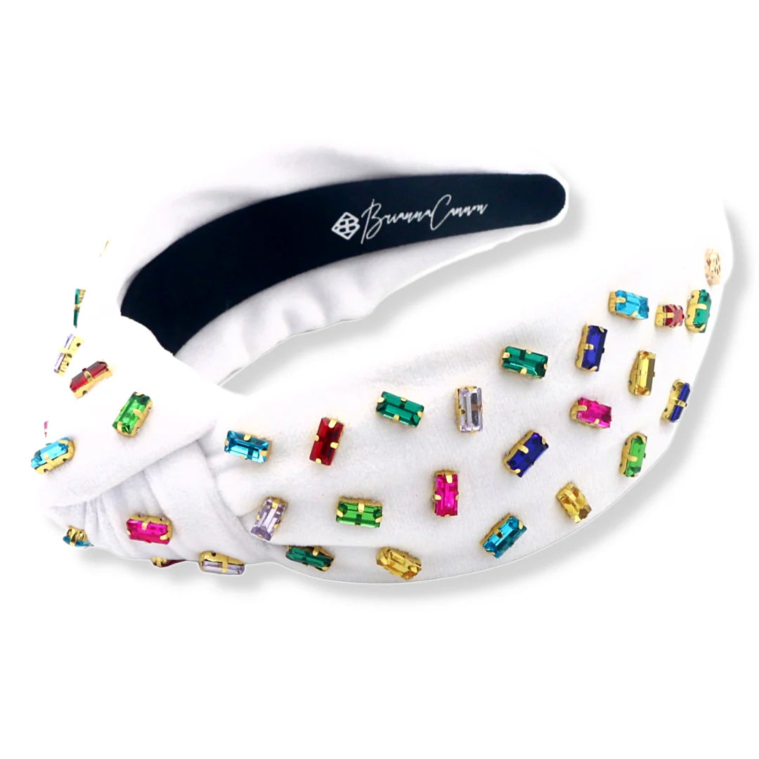 BC- White Velvet Headband with Confetti Rainbow Crystals