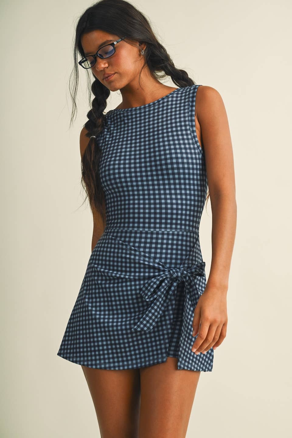 Sleeveless Wrap Tie Front Dress-Dusty Blue Navy Gingham