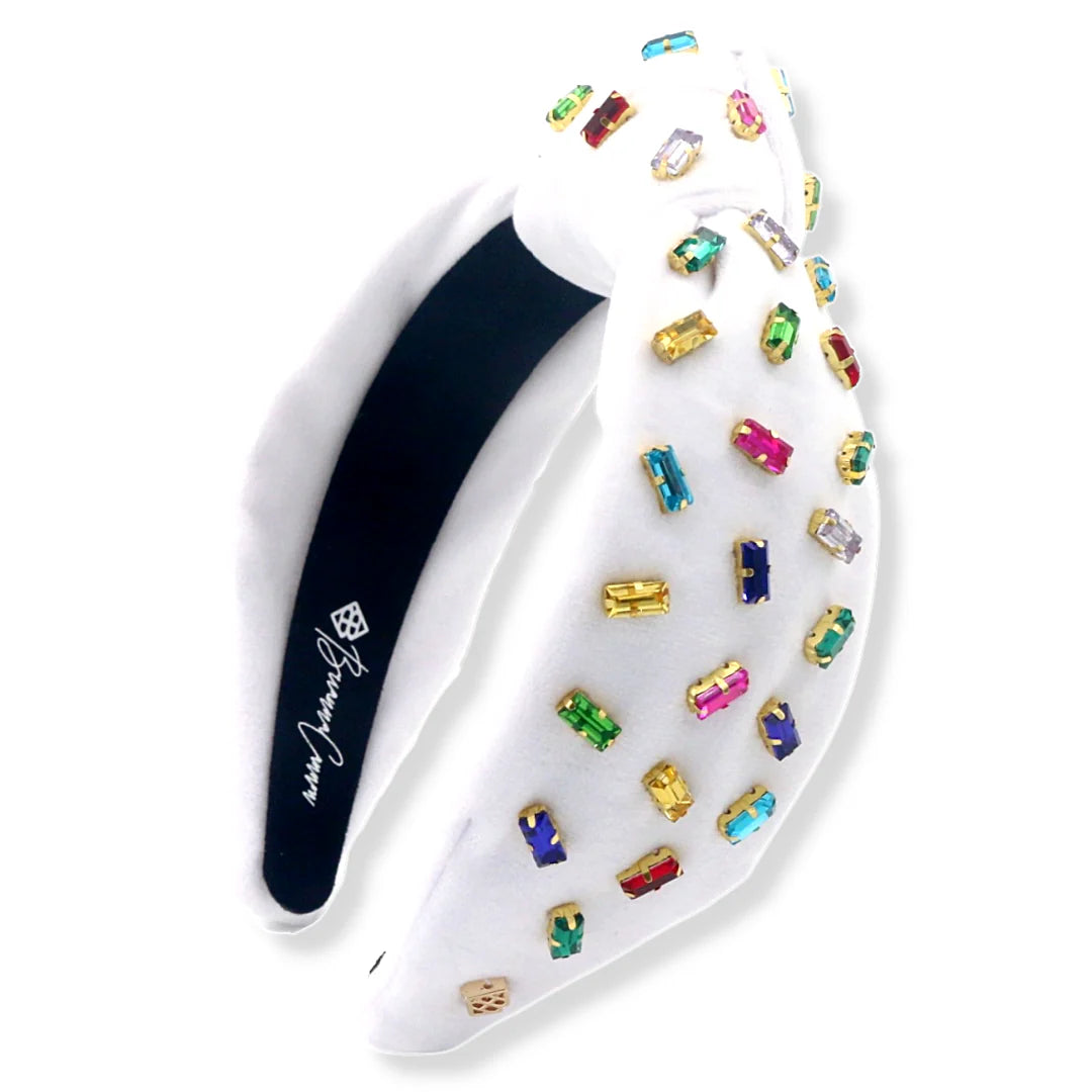 BC- White Velvet Headband with Confetti Rainbow Crystals