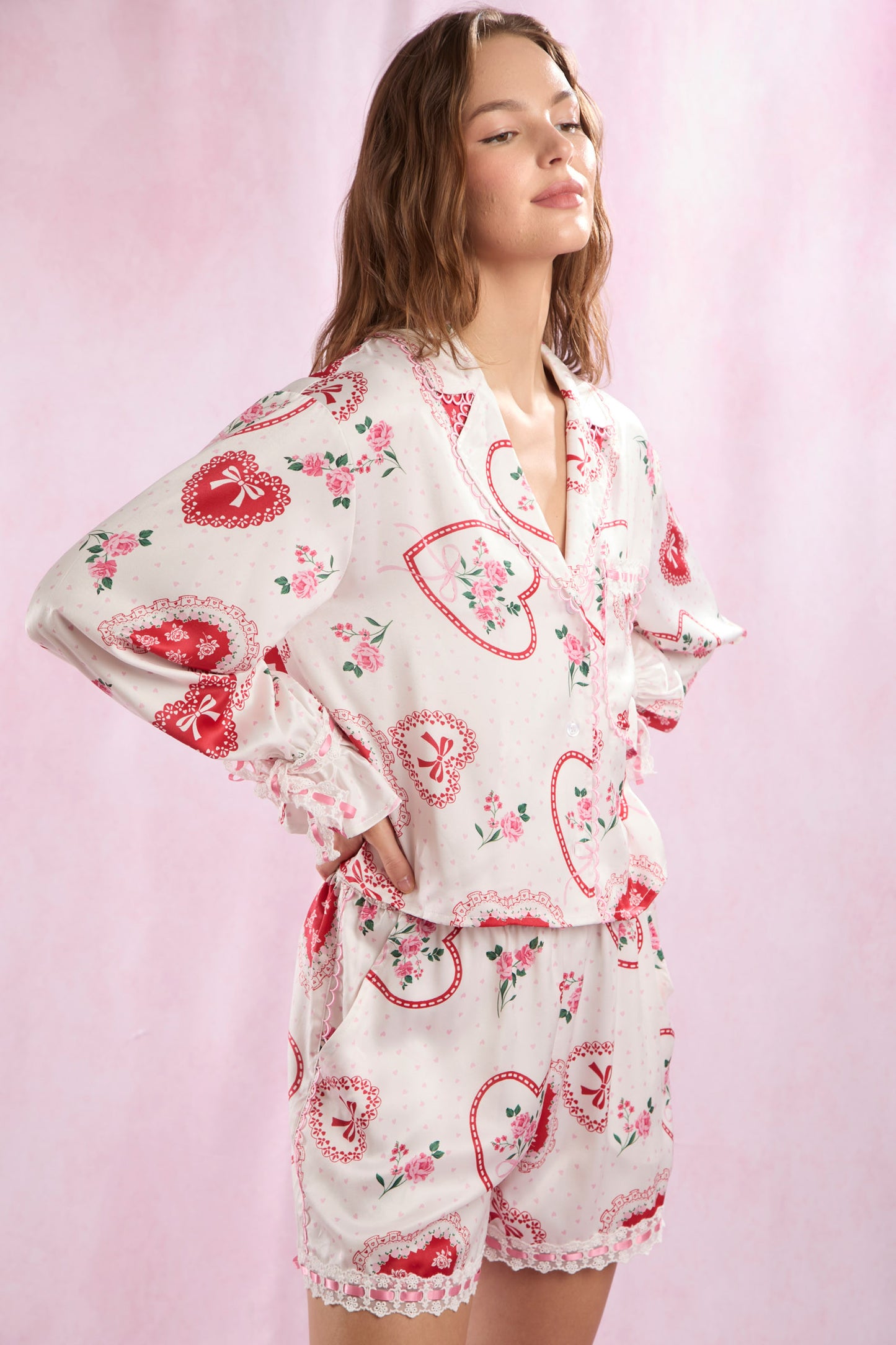 Valentines Heart Lace Satin Pajamas