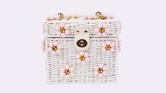Wicker Bucket Daisy Flower Purse: White + Pink/Yellow Daisy