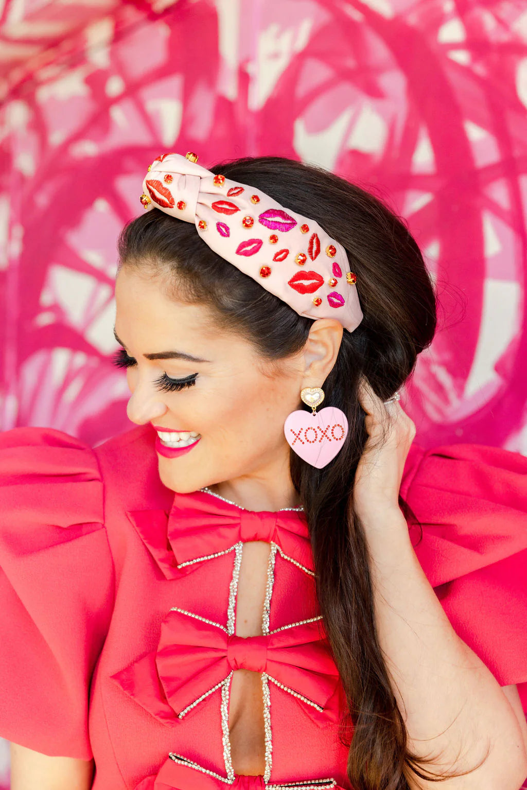 BC- Pink Headband with Embroidered Lips and Crystals