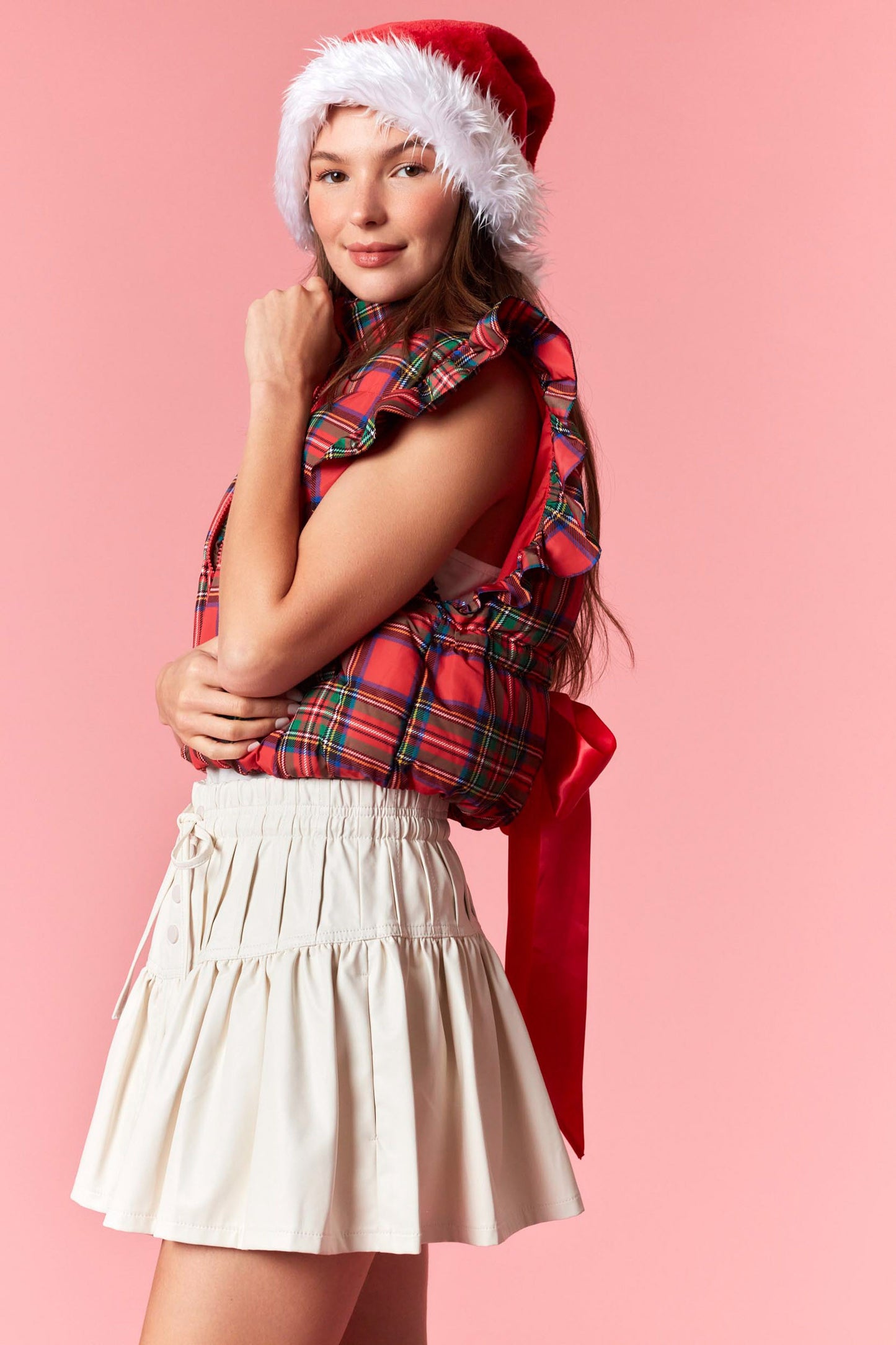 Millie Bow Back Vest- Red Plaid