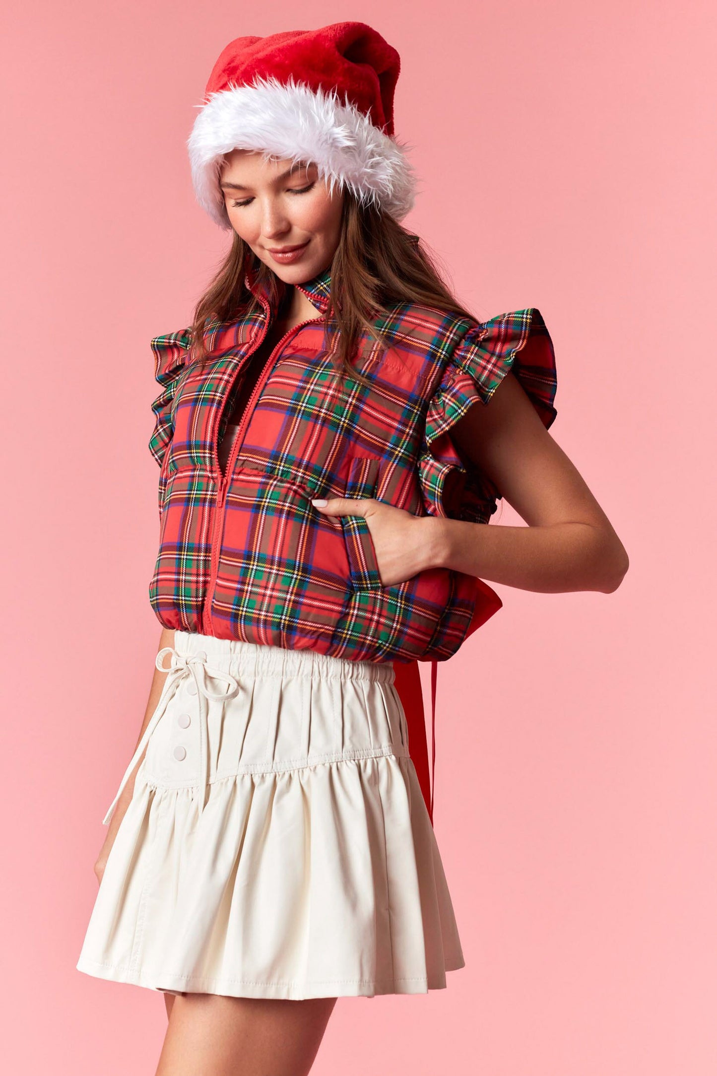 Millie Bow Back Vest- Red Plaid