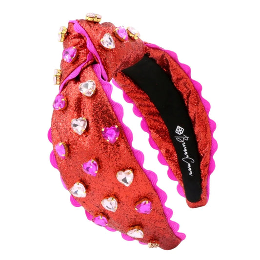 BC- Red Glitter Headband with Hand Sewn Heart Crystals