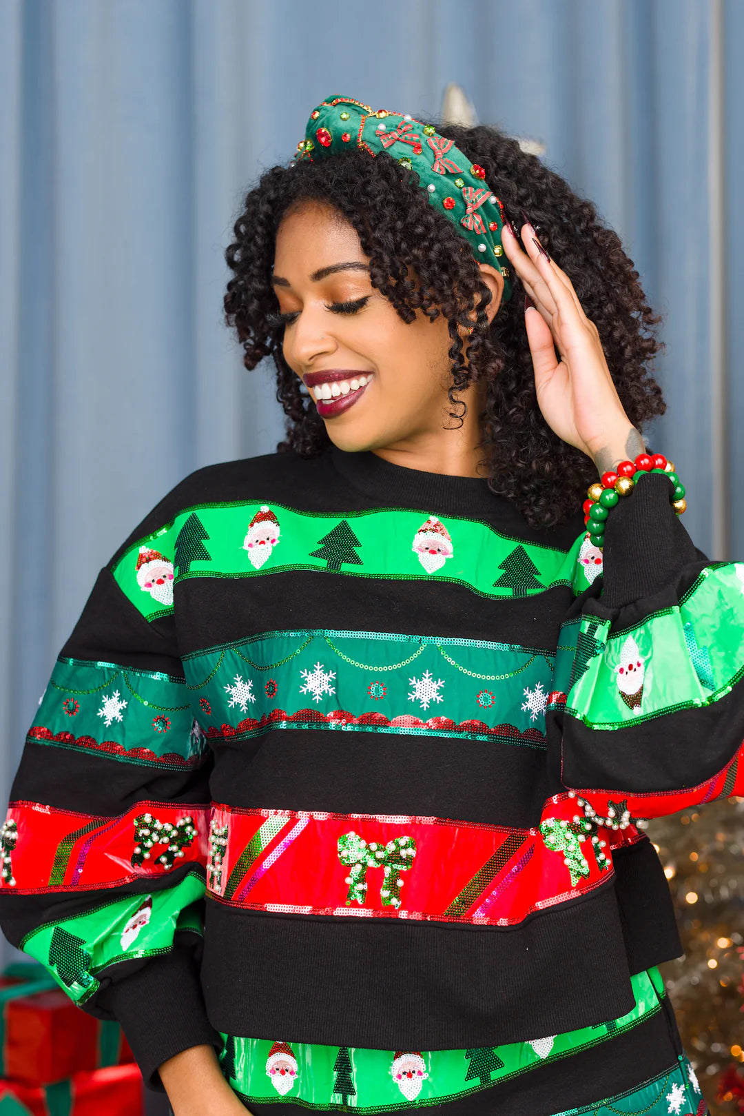 BC- Christmas Ribbon Striped Sweatshirt