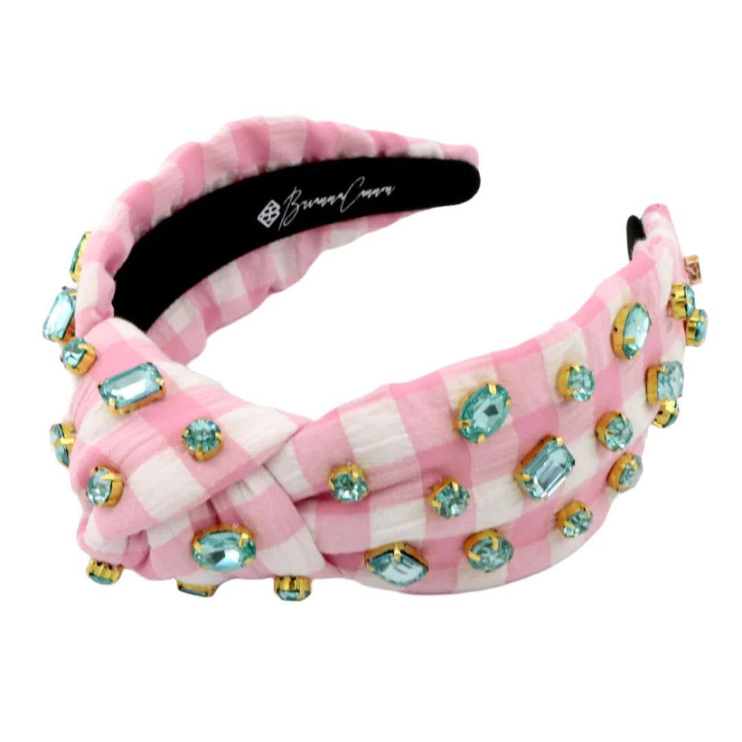 BC Headband- Pink Gingham Headband with Robin Egg Blue Crystals
