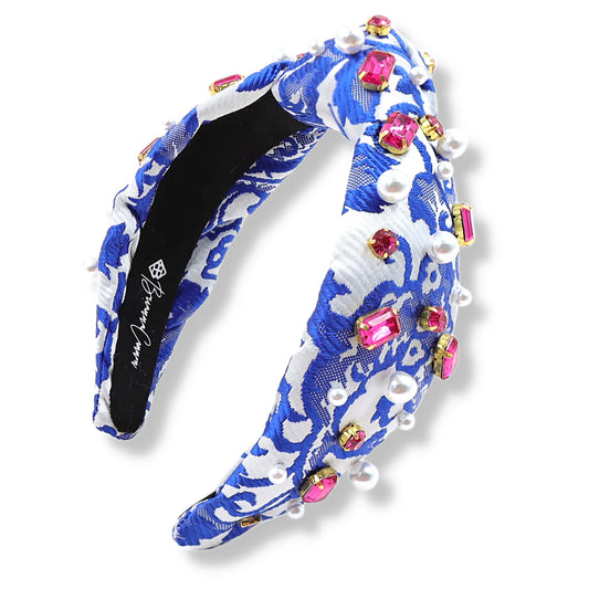 BC- Blue and White Brocade Headband with Crystals and Pearls