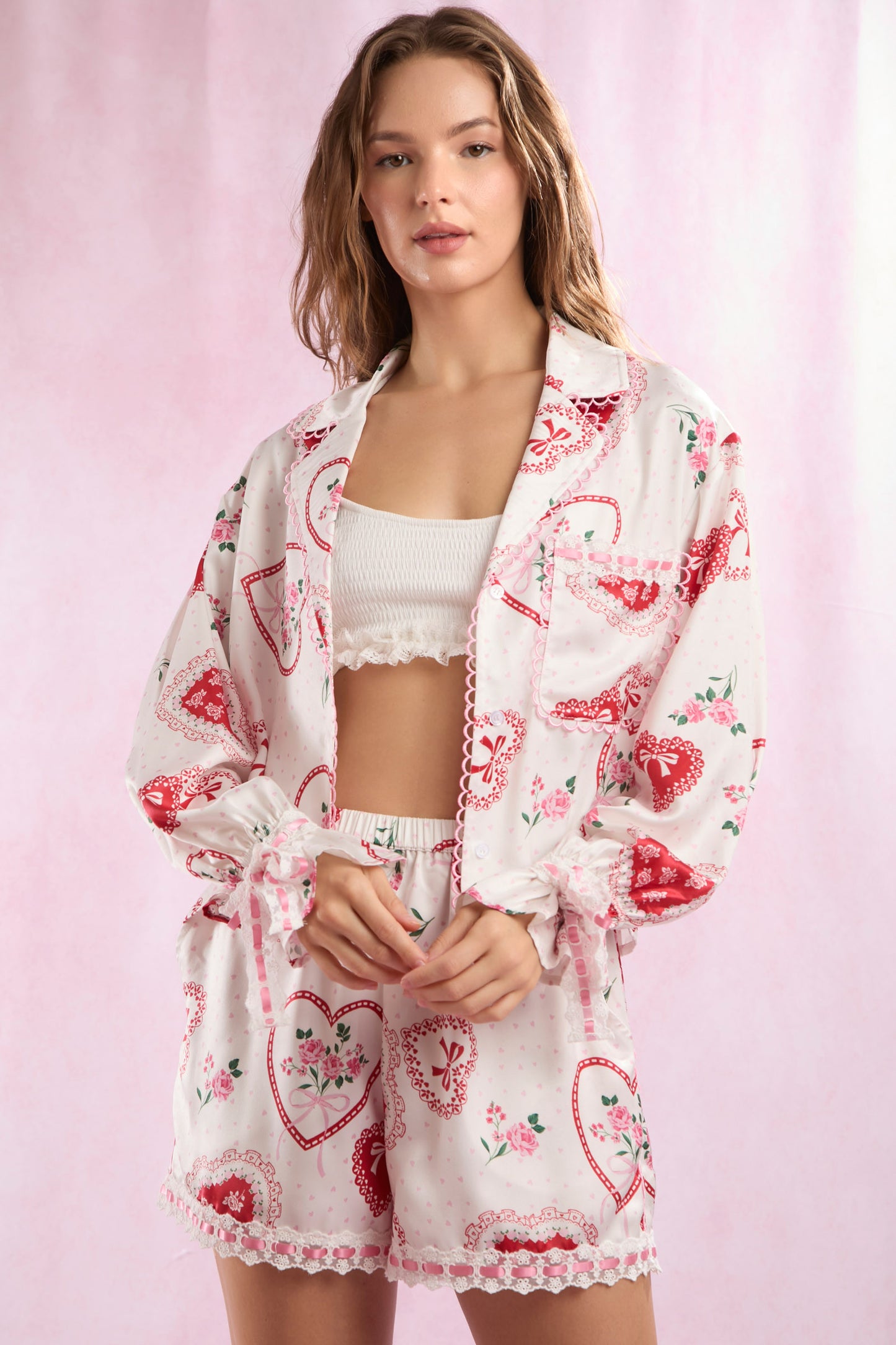 Valentines Heart Lace Satin Pajamas