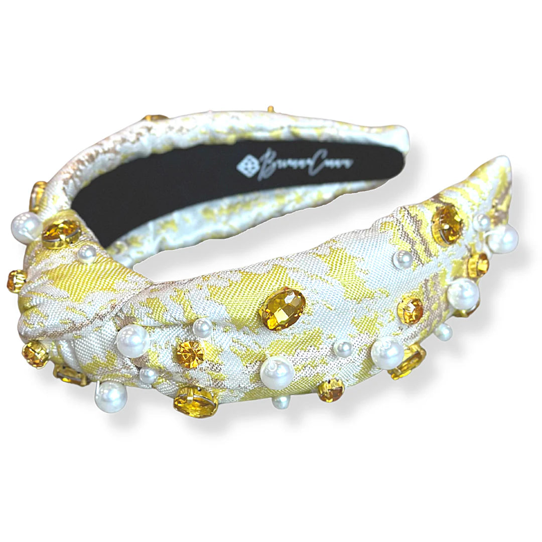 BC- Yellow Jacquard Metallic Headband Crystals Pearls