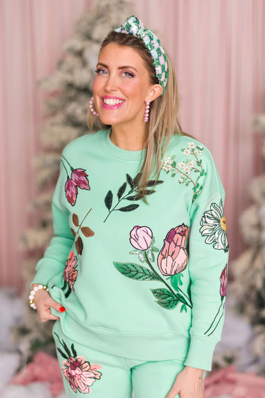 BC- Snow Drop Botanical Sweatshirt in Mint