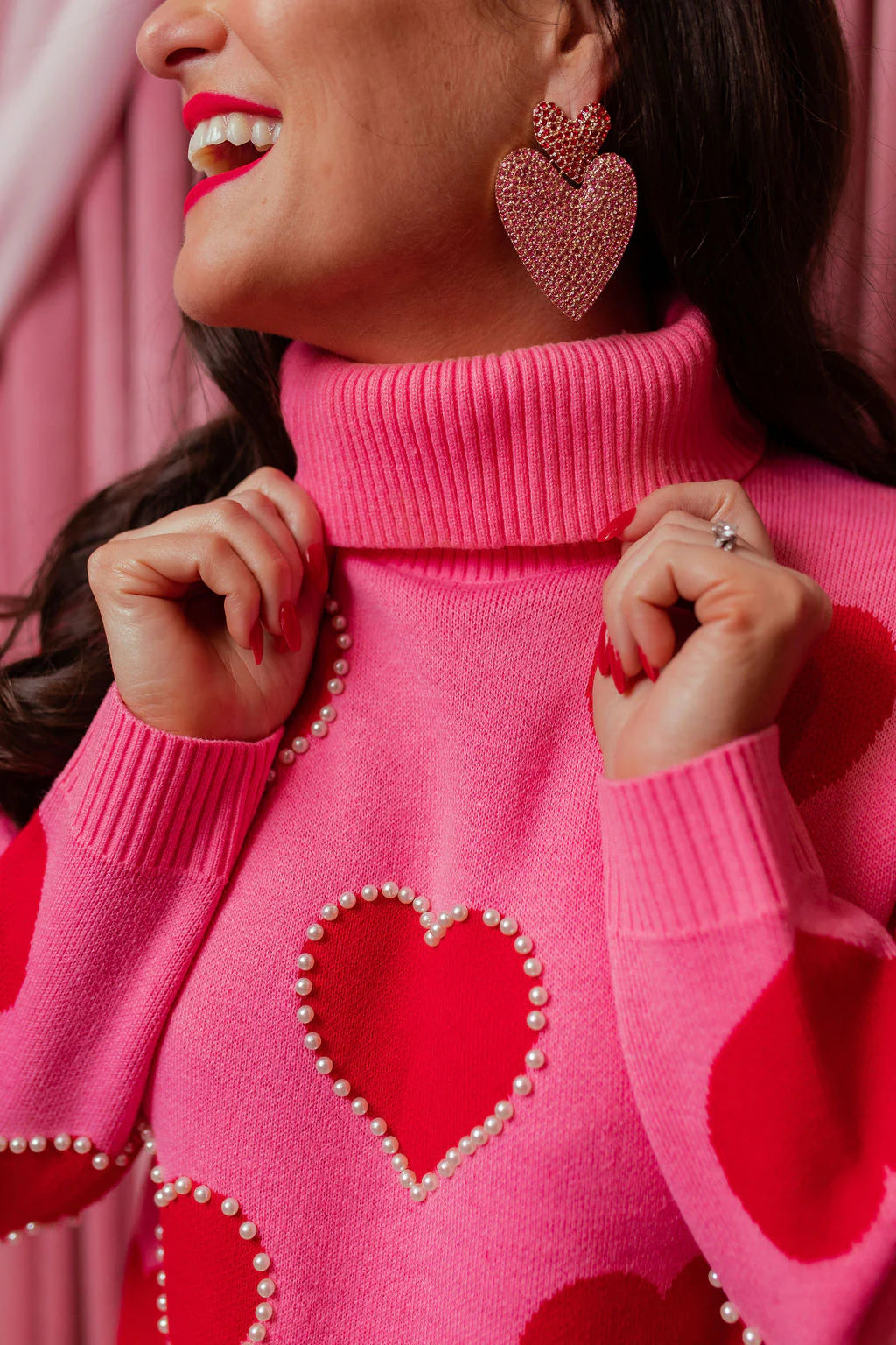 BC- Pink Sweater Tunic with Red Hearts and Pearls