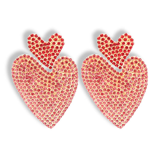 BC- Red and Pink Double Drop Heart Crystal Earrings