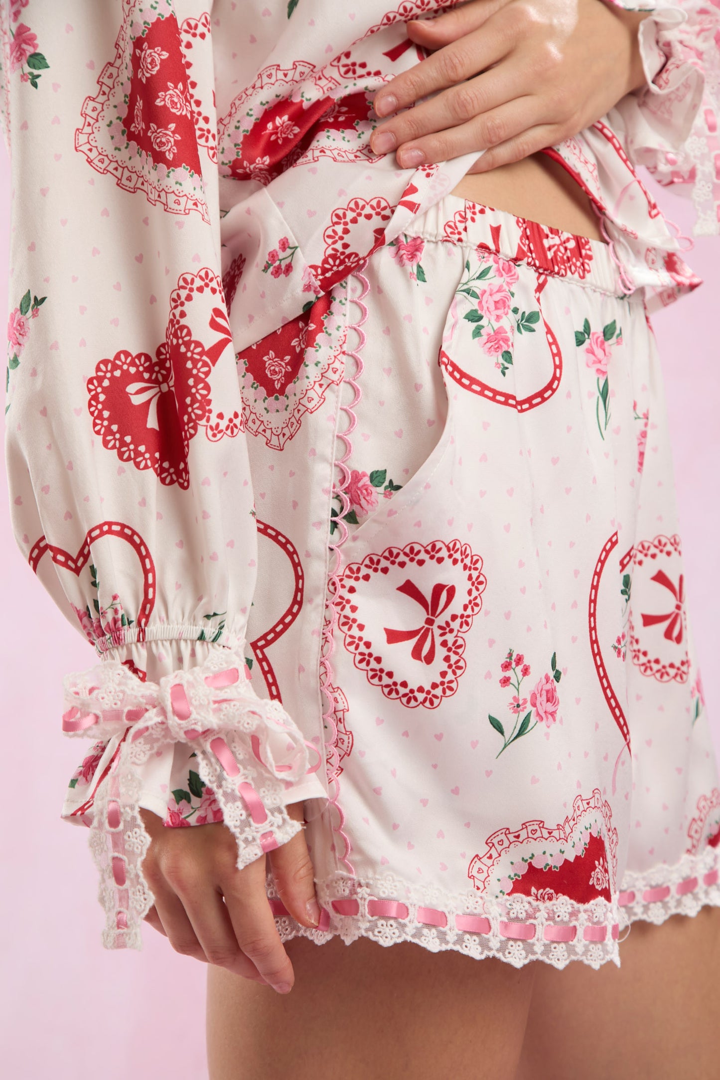 Valentines Heart Lace Satin Pajamas