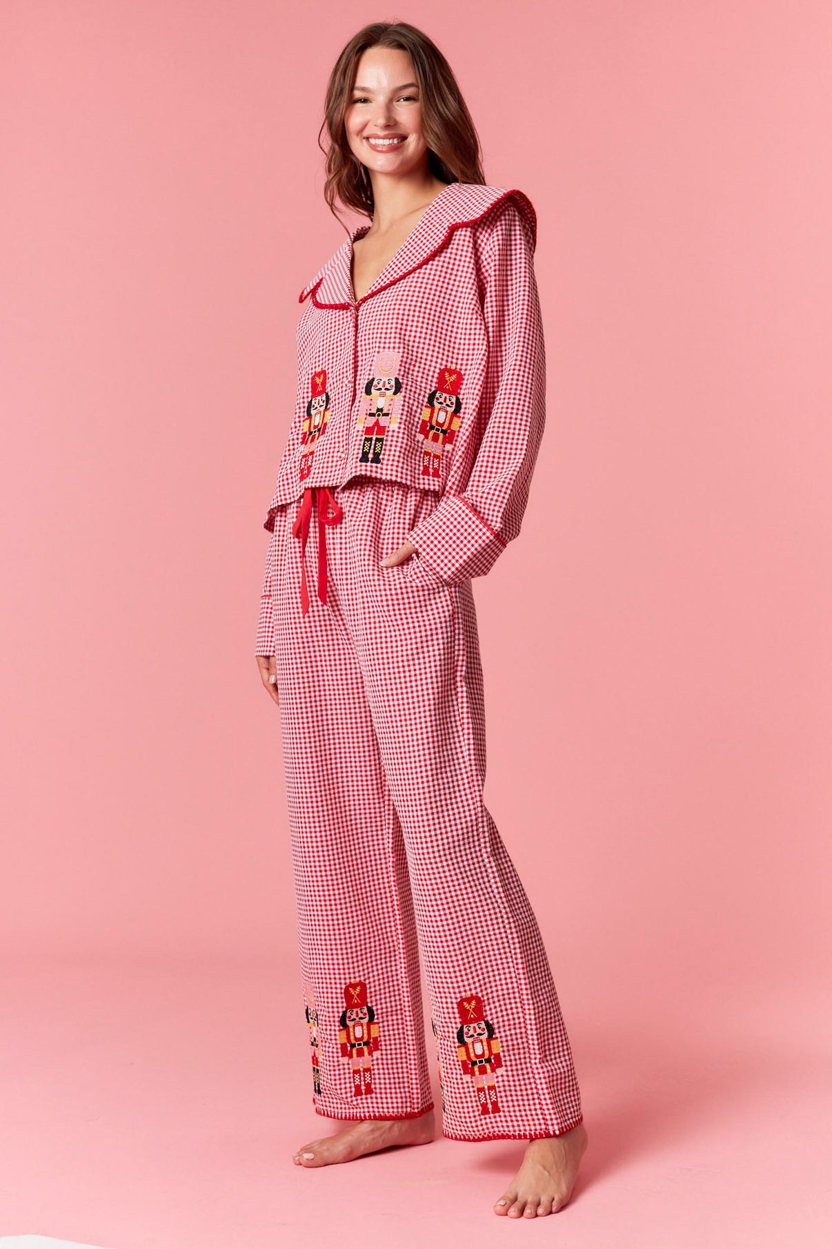Nutcracker Charm High Waist Embroidered Gingham Pajama Pants